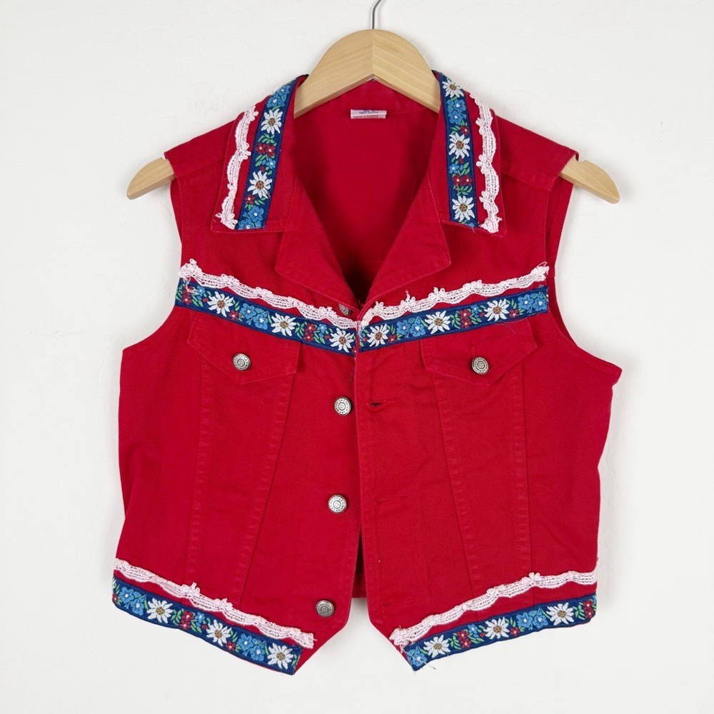 Vintage watch LA Cottagecore Red denim vest floral embroidered and lace trim